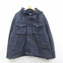 XL★古着 長袖 ジャケット パーカー メンズ ダック地 大きいサイズ コットン 濃紺 ネイビー 内側ボア 24dec12 中古 アウター ジャンパー ブルゾン