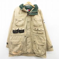 XL★古着 トミーヒルフィガー TOMMY HILFIGER 長袖 ブランド ジャケット メンズ 90年代 90s 大きいサイズ ロング丈 コットン ベージュ カーキ 【spe】 25feb08 中古 アウター ジャンパー ブルゾン