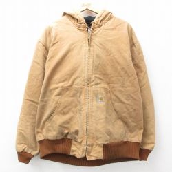 XL★古着 カーハート Carhartt 長袖 アクティブ ジャケット パーカー メンズ 90年代 90s ダック地 大きいサイズ コットン USA製 ベージュ カーキ 内側キルティング 【spe】 25feb12 中古 アウター ジャンパー ブルゾン