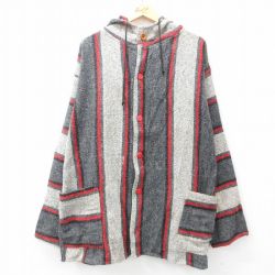 XL★古着 長袖 ジャケット パーカー メンズ 大きいサイズ ロング丈 グレー他 ストライプ 25feb17 中古 アウター ジャンパー ブルゾン