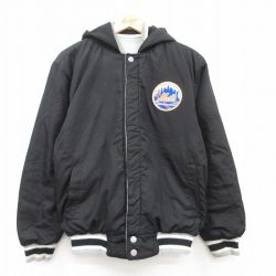 L★古着 長袖 ジャケット パーカー メンズ MLB ニューヨークメッツ リバーシブル 黒他 ブラック メジャーリーグ ベースボール 野球 25feb17 中古 アウター ジャンパー ブルゾン