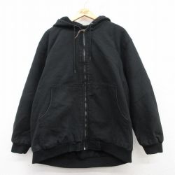 XL★古着 長袖 ジャケット パーカー メンズ ダック地 ロング丈 コットン 黒 ブラック 内側ボア 【spe】 25feb18 中古 アウター ジャンパー ブルゾン