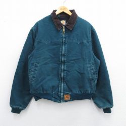 XL★古着 カーハート Carhartt 長袖 サンタフェ ジャケット メンズ ダック地 襟コーデュロイ 青緑 内側キルティング 【spe】 25mar14 中古 アウター ジャンパー ブルゾン