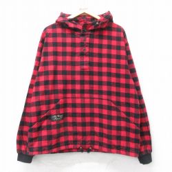 XL★古着 長袖 ジャケット パーカー メンズ 手織り コットン ヘンリーネック USA製 赤他 レッド チェック 25mar26 中古 アウター ジャンパー ブルゾン