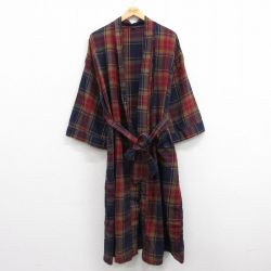XL★古着 ノーティカ NAUTICA 長袖 ブランド ガウン 羽織 メンズ 90年代 90s ワンポイントロゴ ロング丈 コットン 紺他 ネイビー チェック 【spe】 25apr12 中古 アウター