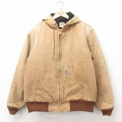XL★古着 カーハート Carhartt アクティブ 長袖 ジャケット パーカー メンズ 90年代 90s ダック地 コットン USA製 茶 ブラウン 内側キルティング 25jul23 中古 アウター ジャンパー ブルゾン