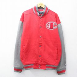 XL★古着 チャンピオン champion 長袖 スウェット ジャケット スタジャン メンズ 00年代 00s ビッグロゴ ツートンカラー 大きいサイズ 赤他 レッド 内側キルティング 【spe】 25sep29 中古 アウター ジャンパー ブルゾン