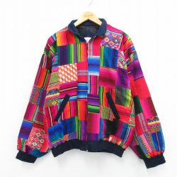 XL★古着 長袖 ジャケット メンズ パッチワーク 大きいサイズ コットン 赤他 レッド 25oct10 中古 アウター ジャンパー ブルゾン