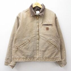 XL★古着 カーハート 長袖 デトロイト ジャケット メンズ ワンポイントロゴ ダック地 大きいサイズ コットン 薄ベージュ系 内側ブランケット【spe】 25dec05
