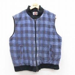 L★古着 ディッキーズ ベスト メンズ 90年代 90s 紺系他 バッファロー チェック 内側キルティング 25dec10