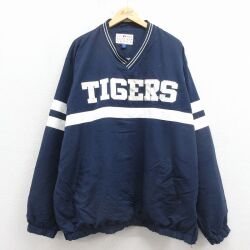 XL★古着 長袖 ジャケット メンズ 00年代 00s MLB デトロイトタイガース 刺繍 Vネック 紺 メジャーリーグ ベースボール 野球 25dec19