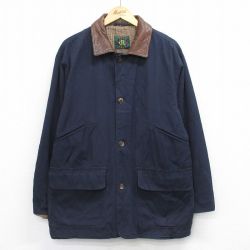XL★古着 長袖 ジャケット メンズ 襟レザー コットン 紺他 26jan21