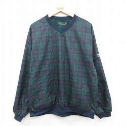 XL★古着 長袖 ジャケット メンズ 90年代 90s Vネック 緑他 チェック 26feb17
