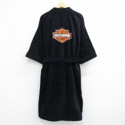 XL★古着 ハーレーダビッドソン 長袖 ガウン 羽織り メンズ ビッグロゴ 刺繍 タオル地 大きいサイズ ロング丈 コットン 黒 26may02
