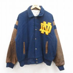 XL★古着 長袖 スタジャン メンズ ND 袖レザー 大きいサイズ ツートンカラー 紺 ネイビー 25oct02 中古 アウター ジャンパー ブルゾン