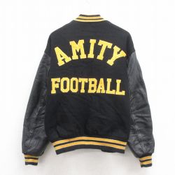 XL★古着 デロング 長袖 スタジャン メンズ 90年代 90s AMITY 袖レザー USA製 黒 ブラック 内側キルティング 25oct02 中古 アウター ジャンパー ブルゾン