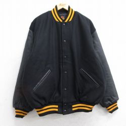 XL★古着 長袖 スタジャン メンズ 90年代 90s 袖レザー 大きいサイズ ウール USA製 黒 ブラック 内側キルティング 【spe】 25oct20 中古 アウター ジャンパー ブルゾン