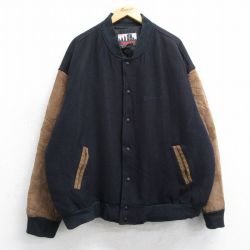 XL★古着 長袖 スタジャン メンズ 90年代 90s ボーイング 袖レザー ツートンカラー 大きいサイズ ウール カナダ製 濃紺他 内側キルティング 25dec10