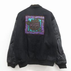 XL★古着 長袖 スタジャン メンズ PLANET 刺繍 袖レザー 大きいサイズ 黒【spe】 26jan24