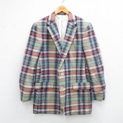 M★古着 長袖 テーラード ジャケット メンズ 90年代 90s ロング丈 ベージュ他 チェック26feb03