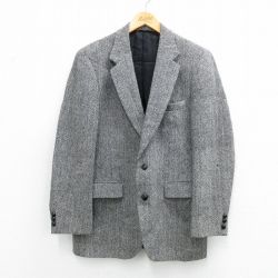 M★古着 ハリスツイード 長袖 テーラード ジャケット メンズ 80年代 80s 手織り ロング丈 スコティッシュウール USA製 グレー他26feb03