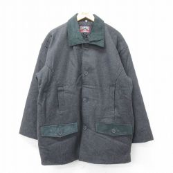 【50%OFF】XL★古着 長袖 ウール ジャケット メンズ 90年代 90s 襟レザー 大きいサイズ ロング丈 濃グレー 霜降り 25jan09 中古 アウター