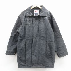 L★古着 長袖 ウール ジャケット コート メンズ ロング丈 レザー使用 グレー 霜降り 25dec27