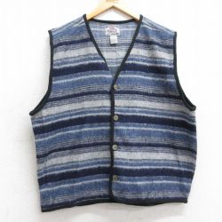 XL★古着 ウール ベスト メンズ 90年代 90s 紺他 ボーダー 25dec27