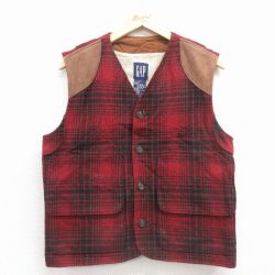 S★古着 ギャップ GAP ウール ベスト メンズ 90年代 90s レザー使用 赤他 チェック 26jan08