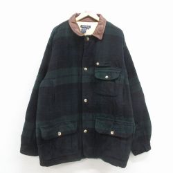 XL★古着 ノーティカ 長袖 ブランド ウール ジャケット コート メンズ 90年代 90s 大きいサイズ ロング丈 襟レザー 緑 チェック 内側キルティング【spe】 26jan31