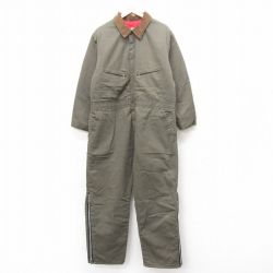 W46★古着キー 長袖 ツナギ メンズ 80年代 80s 大きいサイズ 襟コーデュロイ USA製 タロン 緑系 グリーン 内側キルティング 24nov25 中古 オールインワン ボトムス