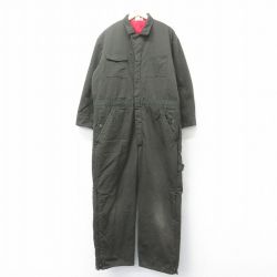W45★古着 ディッキーズ Dickies 長袖 ワーク ツナギ メンズ 90年代 90s 大きいサイズ 濃緑 グリーン 内側キルティング 25jan31 中古 オールインワン ボトムス