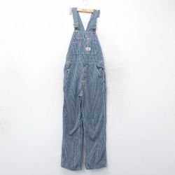 W32★古着 ラウンドハウス オーバーオール メンズ 90年代 90s ヒッコリー コットン USA製 紺他 ネイビー ストライプ 25mar19 中古 ボトムス