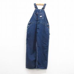 W44★古着 ラウンドハウス オーバーオール メンズ 90年代 90s 大きいサイズ コットン USA製 濃紺 ネイビー デニム 25mar22 中古 ボトムス