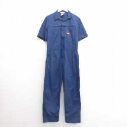 W37★古着 ディッキーズ Dickies 半袖 ワーク ツナギ メンズ 00年代 00s 開襟 オープンカラー 紺 ネイビー 25jun24 中古 オールインワン ボトムス