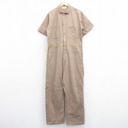 W41★古着 半袖 ワーク ツナギ メンズ 90年代 90s ヘリンボーン 大きいサイズ コットン USA製 ベージュ カーキ 25jul05 中古 オールインワン ボトムス