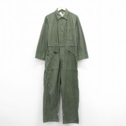 W35★古着 長袖 ミリタリー ベイカー ツナギ メンズ 80年代 80s コットン USA製 緑 グリーン 25nov01 中古 オールインワン ボトムス