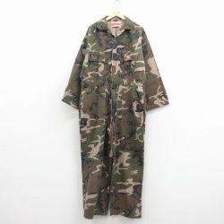 W42★古着 長袖 ハンティング ベイカー ツナギ メンズ 90年代 90s 大きいサイズ ウッドランドカモ コットン 開襟 オープンカラー 緑 迷彩【spe】 26mar13