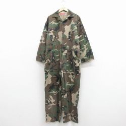 W42★古着 長袖 ハンティング ベイカー ツナギ メンズ 90年代 90s 大きいサイズ ウッドランドカモ コットン 開襟 オープンカラー 緑 迷彩 26mar13