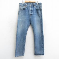 W33★古着 ジーンズ Levis リーバイス 501 メンズ ヒゲ コットン 紺 ネイビー デニム 25mar24 中古 ボトムス ジーパン Gパン ロング パンツ