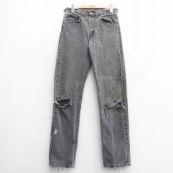 【50%OFF】W32★古着 ジーンズ Levis リーバイス 505 メンズ 90年代 90s ヒゲ コットン USA製 黒 ブラック デニム ダメージ加工 【spe】 25mar25 中古 ボトムス ジーパン Gパン ロング パンツ