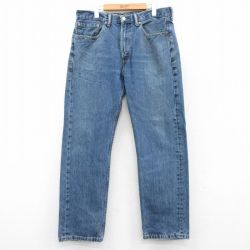 W36★古着 リーバイス Levis 505 メンズ ヒゲ コットン 紺 ネイビー デニム 25jun21 中古 ボトムス ジーパン Gパン ロング パンツ