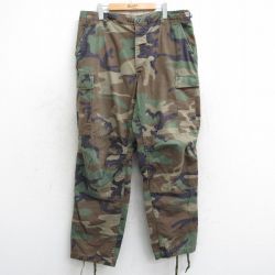 W38★古着 ミリタリー カーゴ パンツ メンズ 90年代 90s ウッドランドカモ コンバット USA製 濃緑 グリーン 迷彩 25mar05 中古 ボトムス ロング