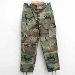 W34★古着 ミリタリー カーゴ パンツ メンズ 90年代 90s ウッドランドカモ リップストップ コンバット USA製 濃緑 グリーン 迷彩 25mar05 中古 ボトムス ロング