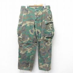 W34★古着 ミリタリー ジャングル ファティーグ カーゴ パンツ メンズ 80年代 80s リップストップ ウッドランドカモ コットン USA製 緑他 グリーン 迷彩 25mar26 中古 ボトムス ロング