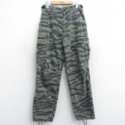 W30★古着 ミリタリー カーゴ パンツ メンズ リップストップ タイガーカモ コットン 濃緑他 グリーン 迷彩 25may09 中古 ボトムス ロング