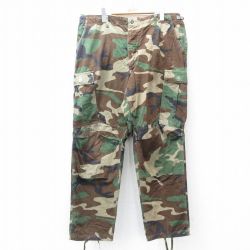 W37★古着 ミリタリー カーゴ パンツ メンズ 90年代 90s コンバット ウッドランドカモ リップストップ コットン USA製 緑他 グリーン 迷彩 25aug01 中古 ボトムス ロング
