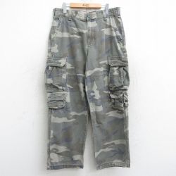 W34★古着 ミリタリー カーゴ パンツ メンズ ウッドランドカモ コットン 濃緑 グリーン 迷彩 25aug08 中古 ボトムス ロング