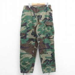 W33★古着 ミリタリー カーゴ パンツ メンズ 90年代 90s コンバット リップストップ ウッドランドカモ コットン USA製 緑 グリーン 迷彩 【spe】 25sep25 中古 ボトムス ロング