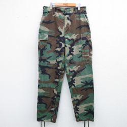 W33★古着 ミリタリー カーゴ パンツ メンズ 90年代 90s コンバット ウッドランドカモ リップストップ コットン USA製 濃緑 グリーン 迷彩 25oct07 中古 ボトムス ロング